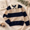 Maglioncino polo bimbo a righe blu e beige con colletto