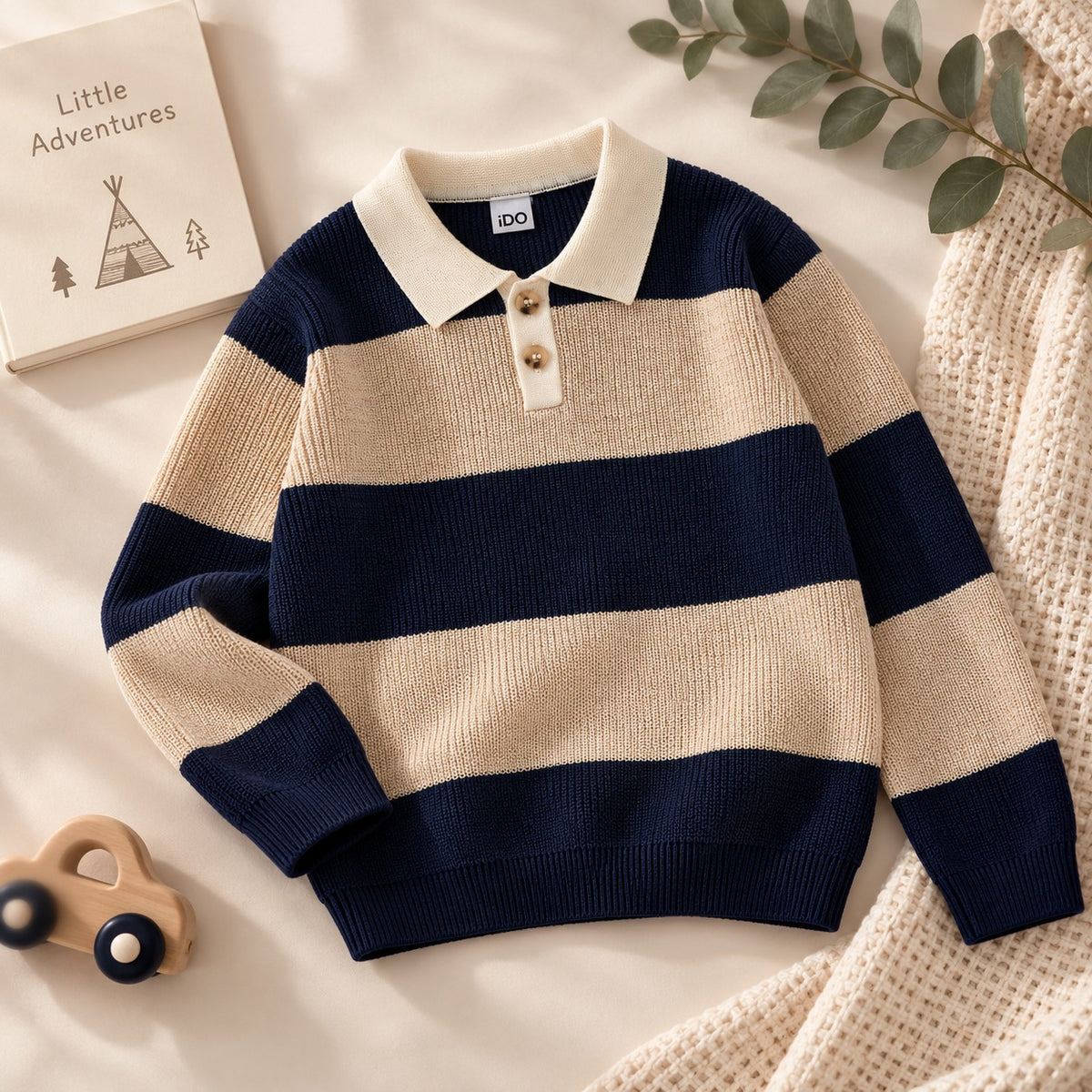 Maglioncino polo bimbo a righe blu e beige con colletto
