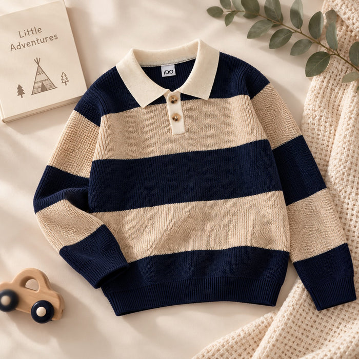 Maglioncino polo bimbo a righe blu e beige con colletto