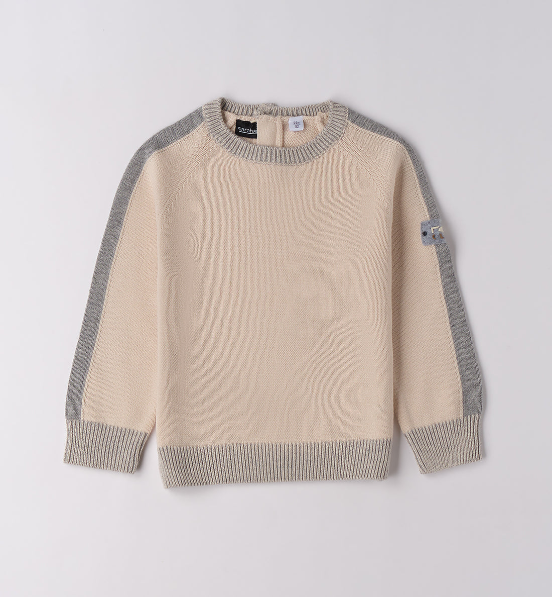 maglioncino bambino in caldo cotone beige e grigio con bottoni sul retro