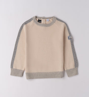 maglioncino bambino in caldo cotone beige e grigio con bottoni sul retro