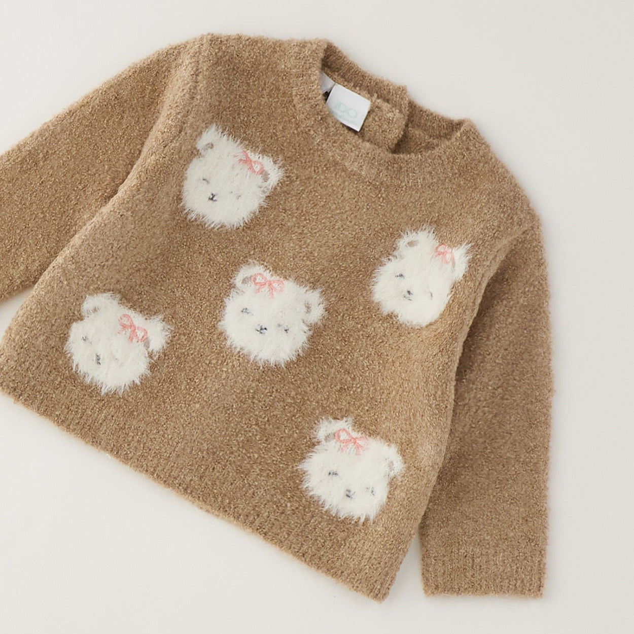 Maglioncino bimba tortora con gattini bianchi e fiocchetti rosa