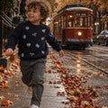 Maglione bimbo blu in cotone e lana con ricami ispirati al viaggio