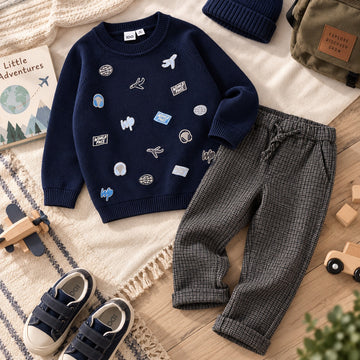 Maglione bimbo blu in cotone e lana con ricami ispirati al viaggio