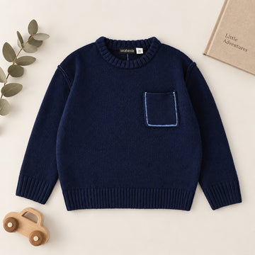 Maglione bimbo blu girocollo con taschino e profilo azzurro a contrasto
