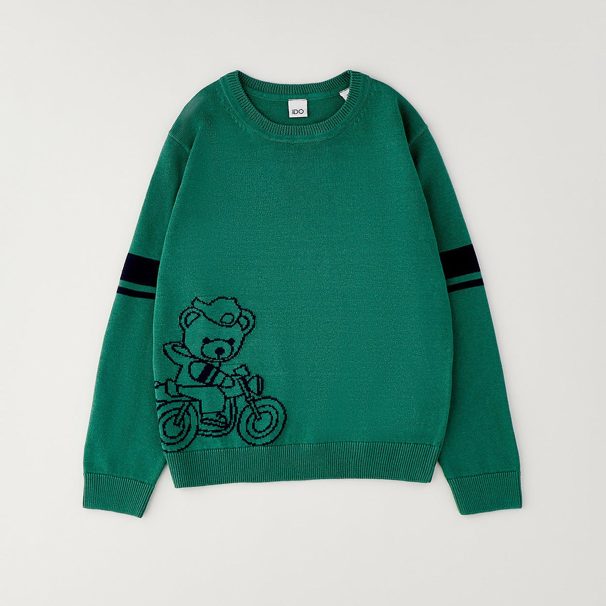 Maglione bimbo verde con orsetto in moto e dettagli blu