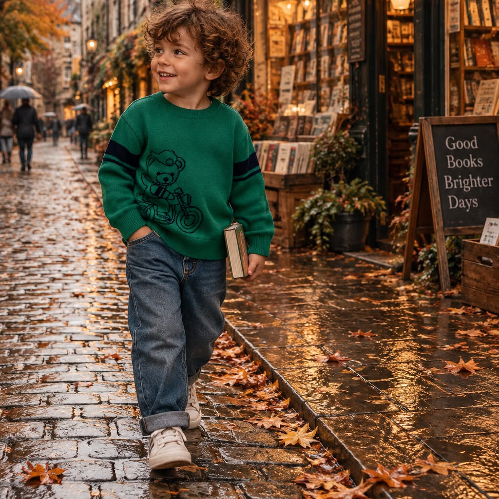Bambino con maglione blu e marrone e pantalone marrone in città