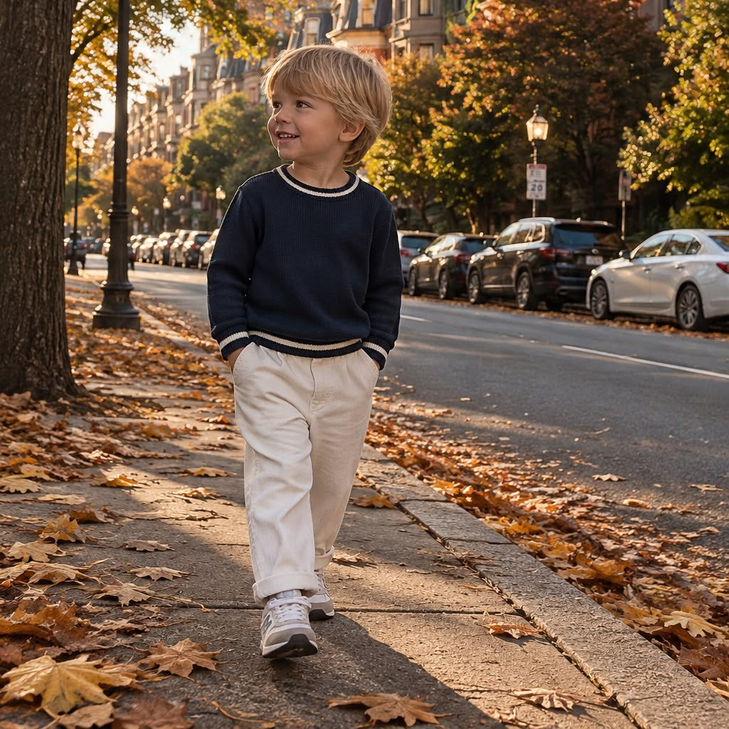 Bambino con maglione panna e pantalone marrone, outfit casual elegante