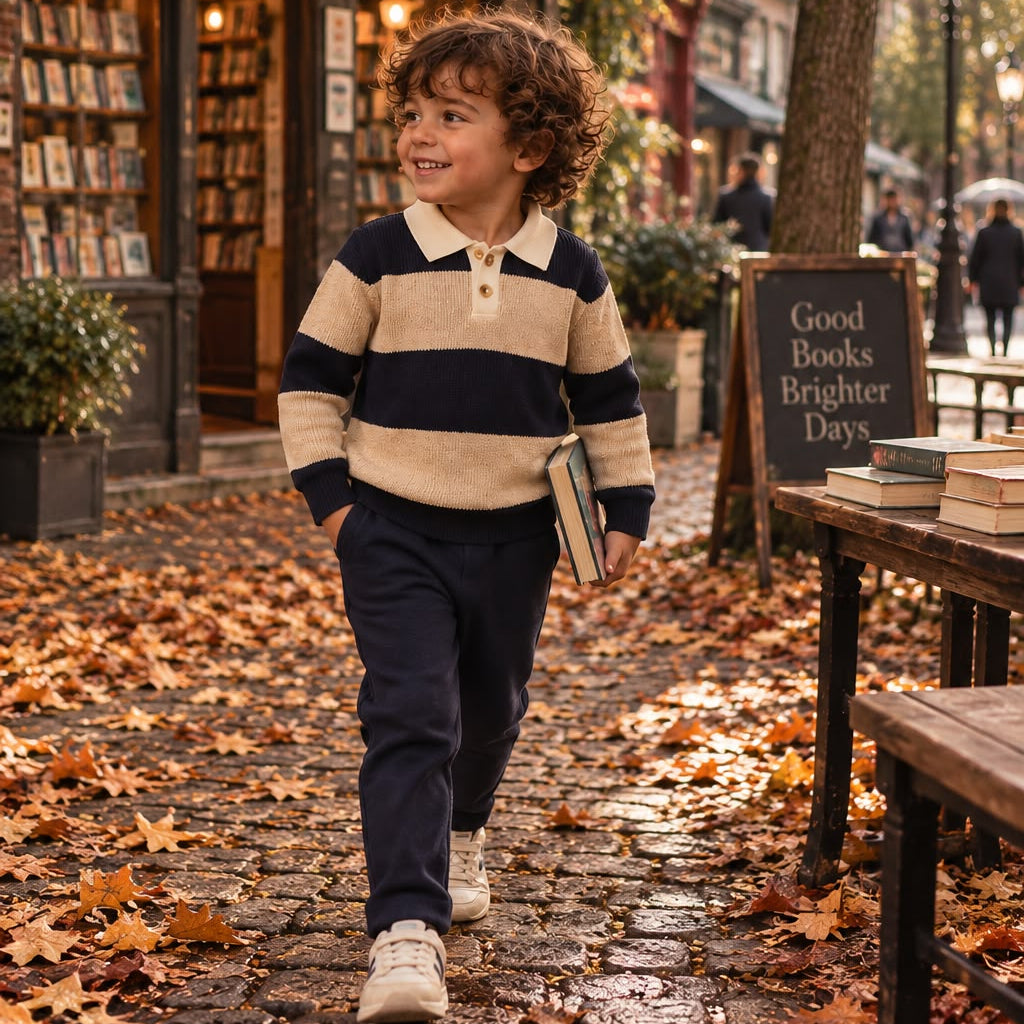 Bambino con maglione verde e jeans, look bambino per l'autunno
