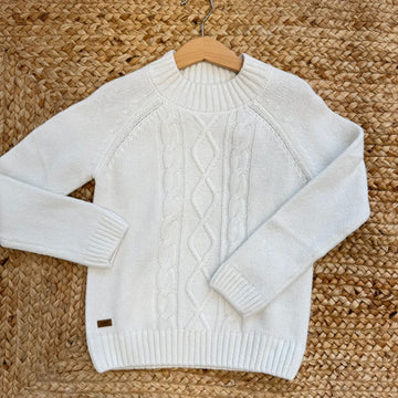 maglione bambino panna con lavorazione a trecce e collo alto