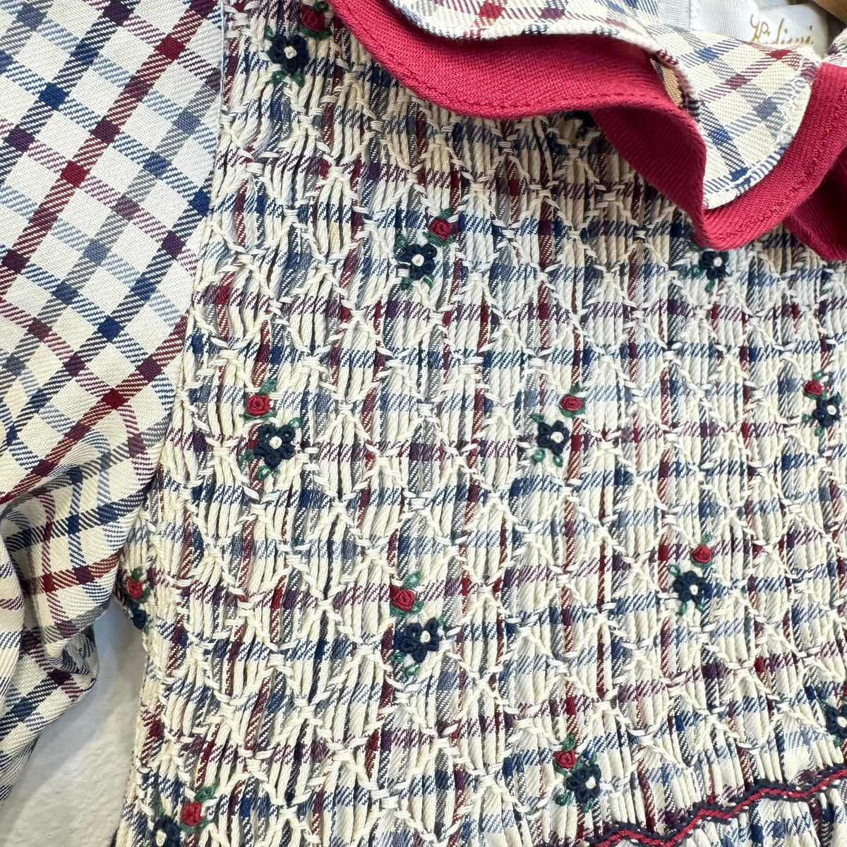 Abito bimba tartan punto smock con dettagli bordeaux