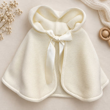 Mantella battesimo bimba panna in maglia con cappuccio e fiocco