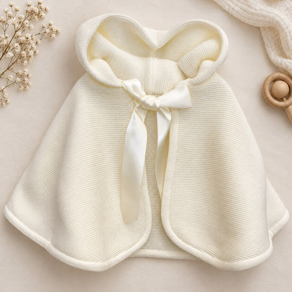 Mantella battesimo bimba panna in maglia con cappuccio e fiocco