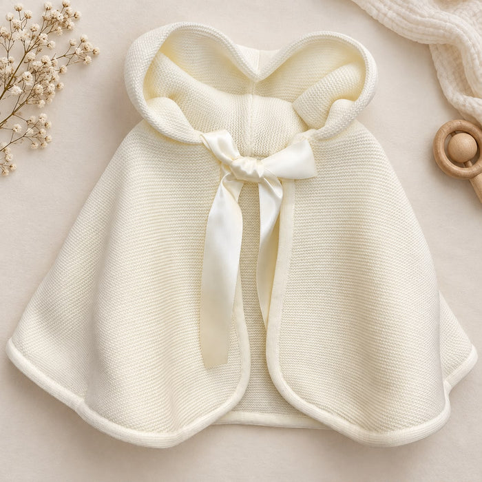 Mantella battesimo bimba panna in maglia con cappuccio e fiocco