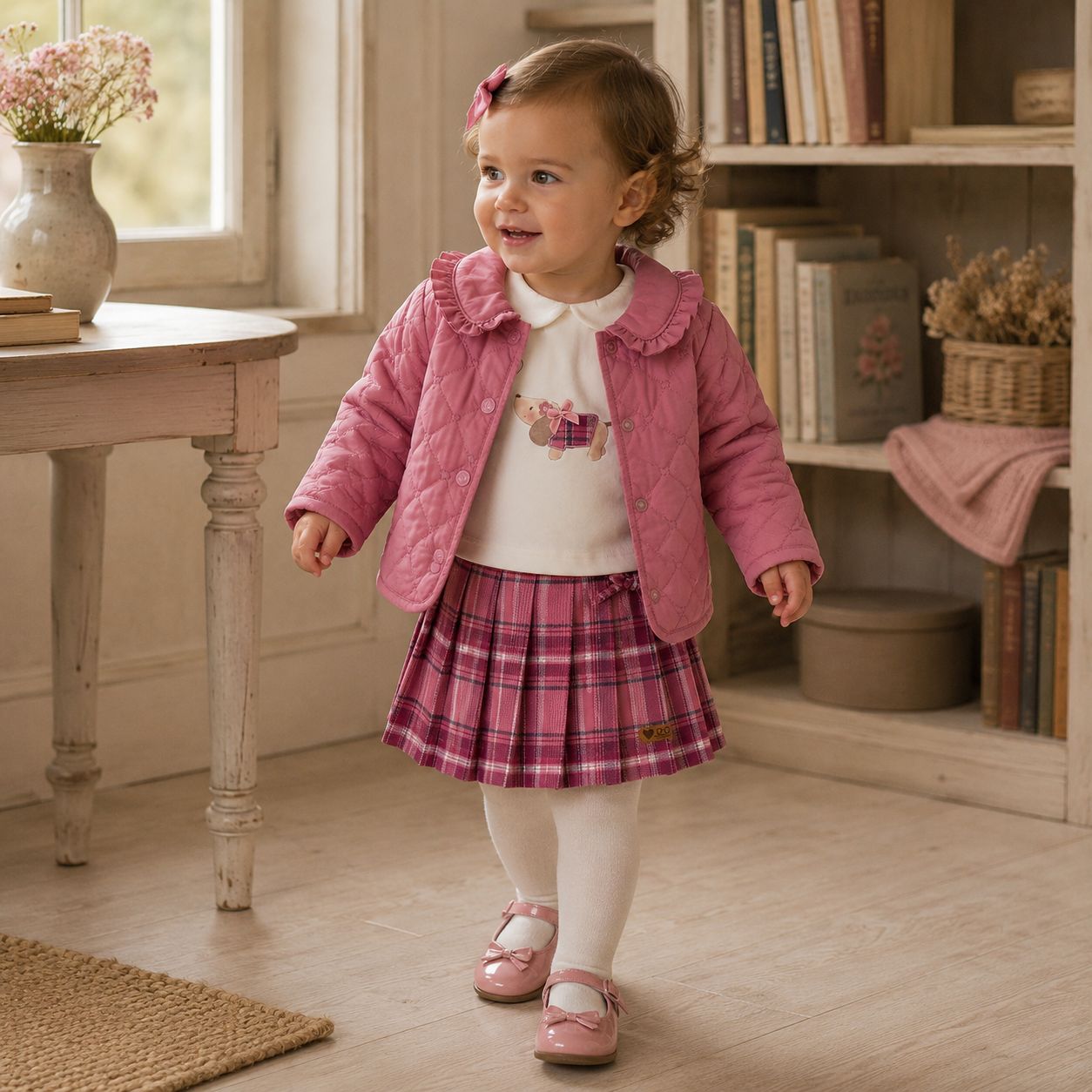 Retro completo bimba due pezzi in caldo cotone con volant e pantalone rosa