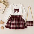 Completo bimba 3 pezzi con maglia bianca, gonna tartan bordeaux e borsetta coordinata