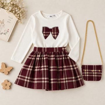 Completo bimba 3 pezzi con maglia bianca, gonna tartan bordeaux e borsetta coordinata