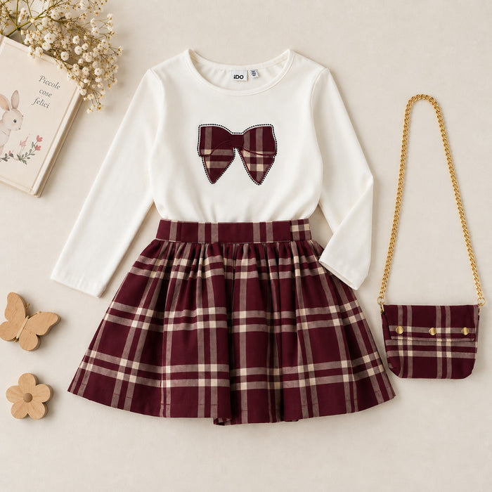 Completo bimba 3 pezzi con maglia bianca, gonna tartan bordeaux e borsetta coordinata