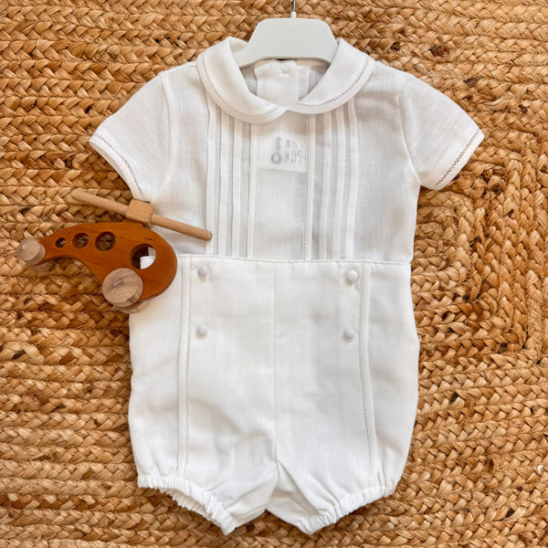Pagliaccetto battesimo bimbo bianco in cotone e lino con colletto sartoriale