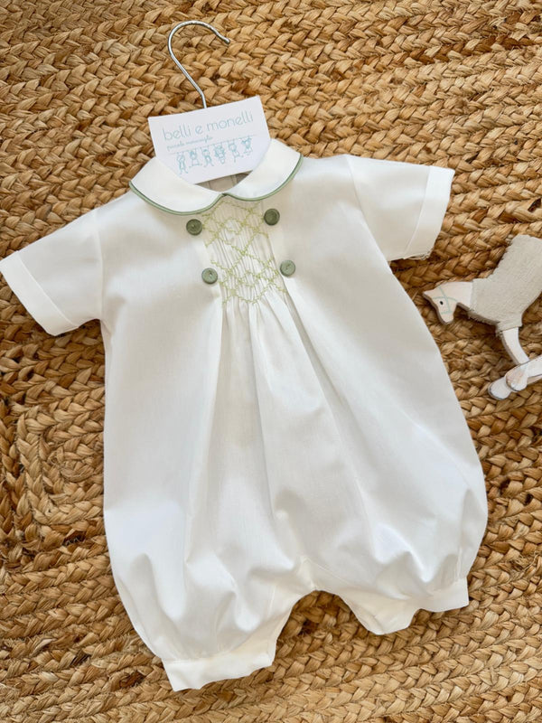 pagliaccetto battesimo bimbo bianco con ricamo smock e bottoni verde salvia