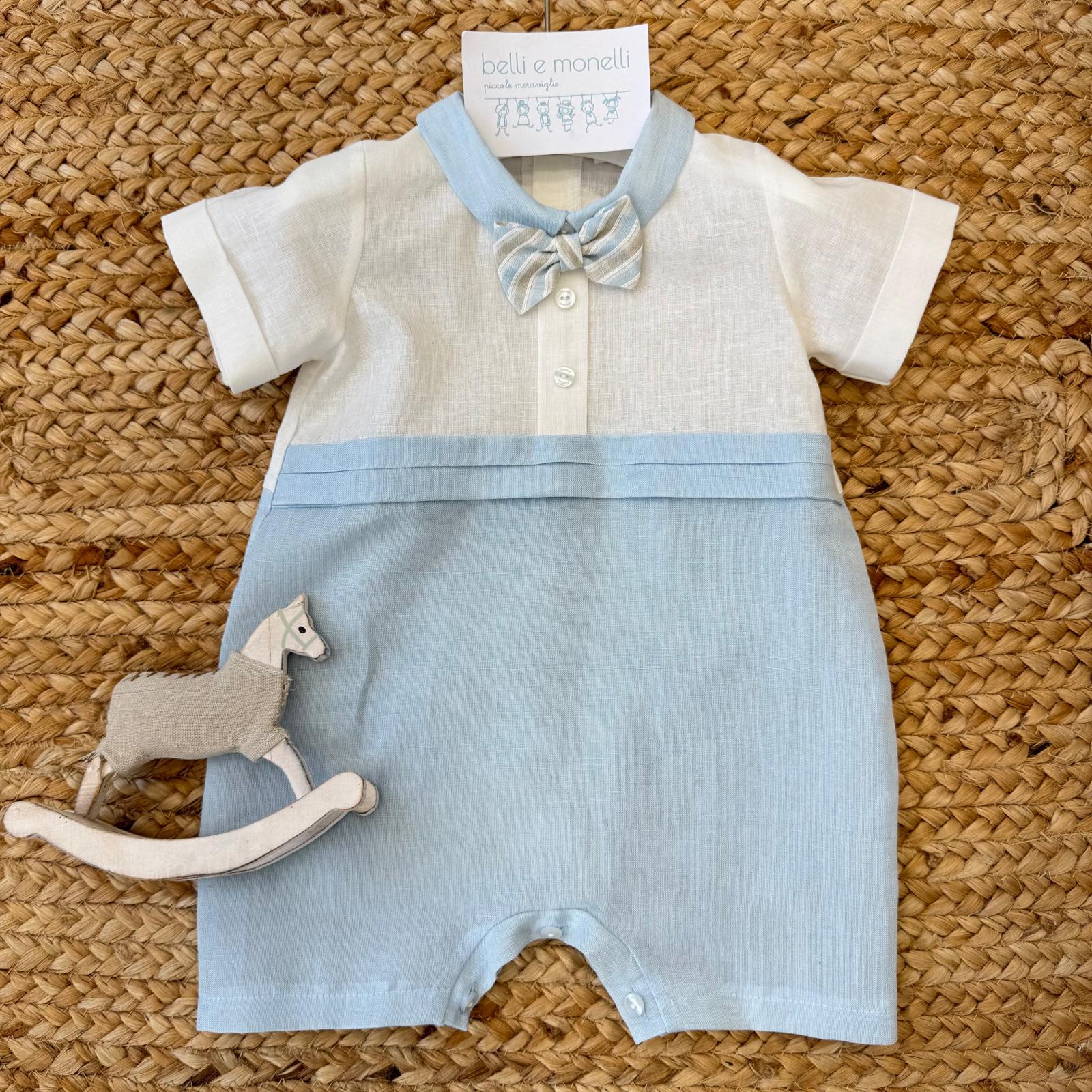 pagliaccetto battesimo neonato azzurro cielo e panna in cotone e lino