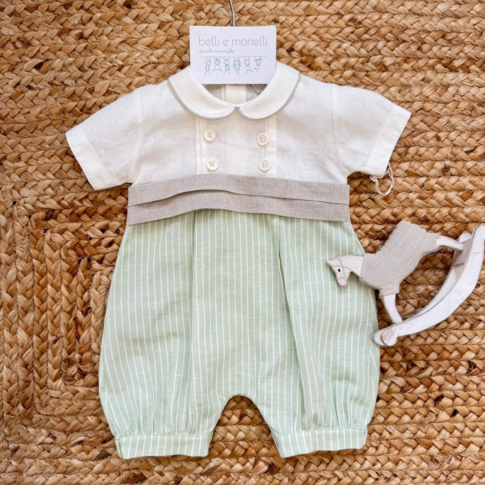 pagliaccetto neonato battesimo lino cotone verde salvia
