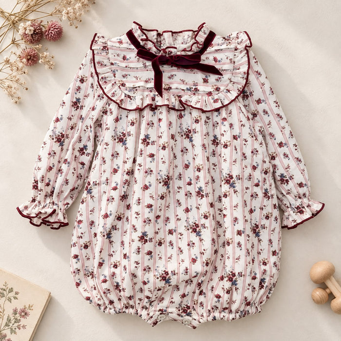 Pagliaccetto bimba floreale in cotone con volant e fiocco in velluto bordeaux.