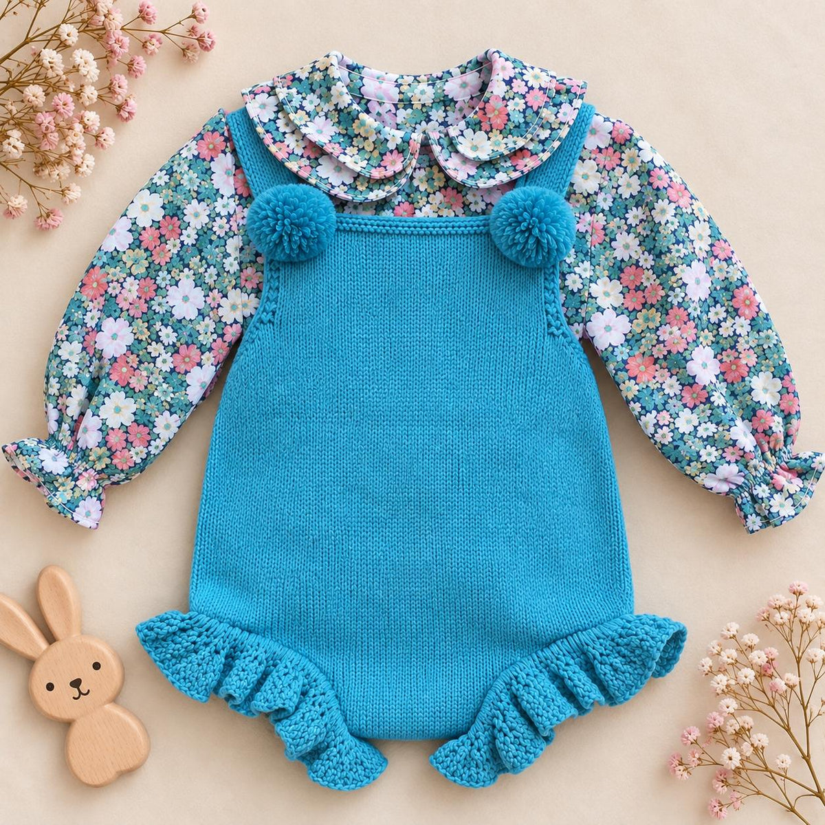 Pagliaccetto bimba verde petrolio in maglia con camicia floreale e pon pon