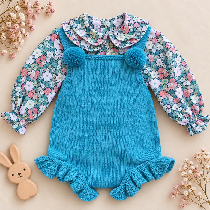 Pagliaccetto bimba verde petrolio in maglia con camicia floreale e pon pon