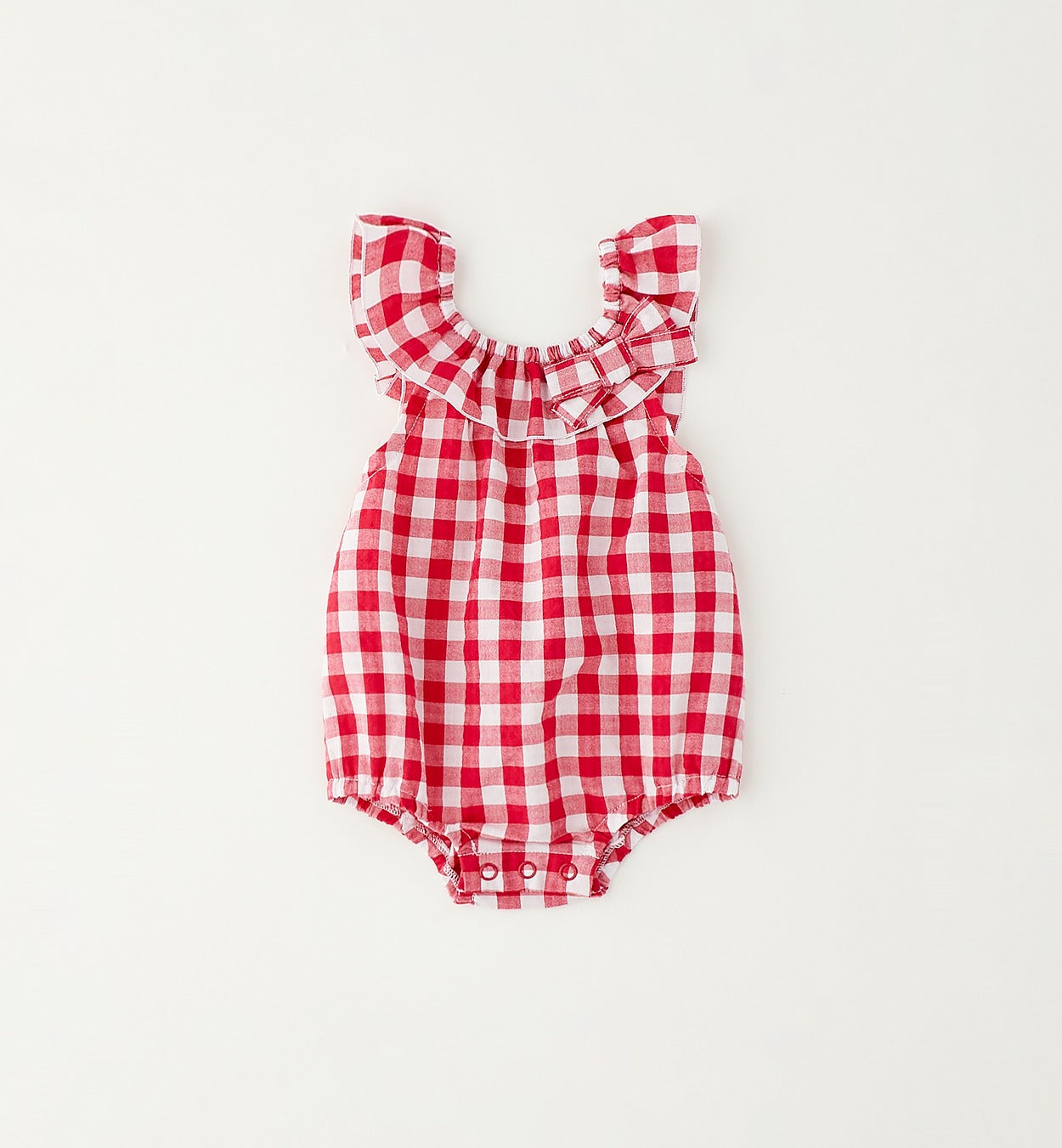 Pagliaccetto bimba vichy rosso e bianco con volant e fiocco