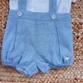 Pagliaccetto battesimo bimbo azzurro polvere con bretelle e finiture raffinate