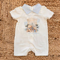Pagliaccetto bimbo in 100% cotone panna con colletto celeste e stampa orsetti