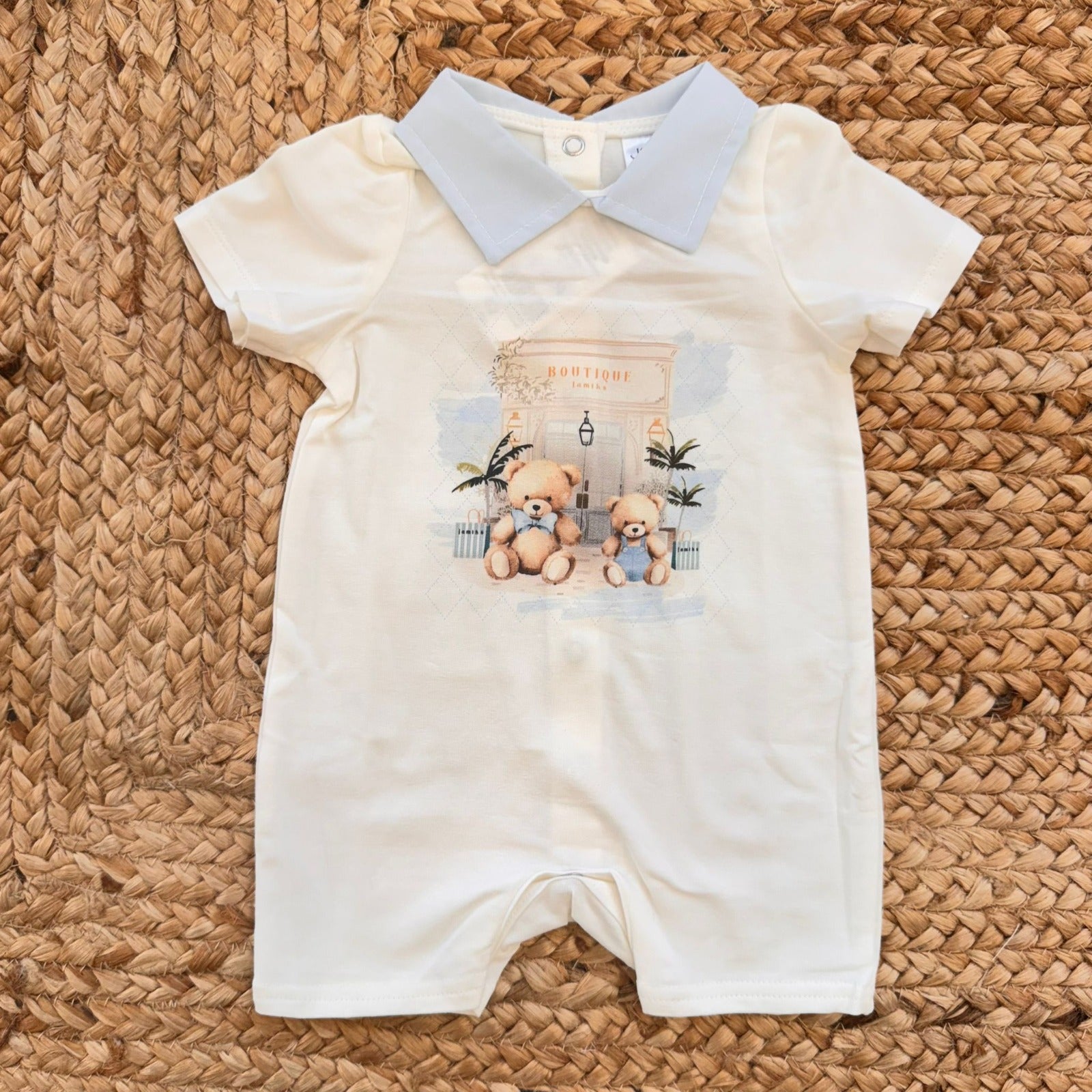 Pagliaccetto bimbo in 100% cotone panna con colletto celeste e stampa orsetti