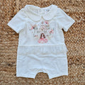 Pagliaccetto bimba in 100% cotone panna con colletto e stampa principessa con castello rosa