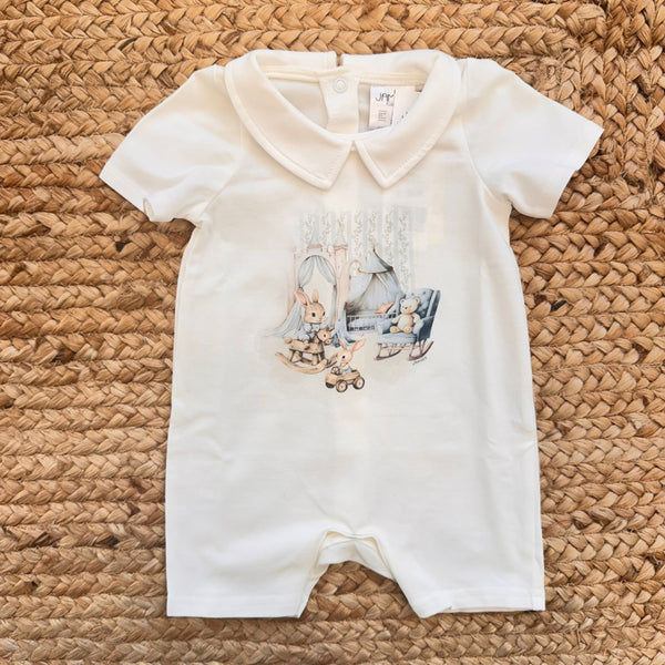 Pagliaccetto bimbo in 100% cotone panna con colletto e stampa coniglietti