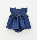 Pagliaccetto estivo bimba denim con cuori ricamati e ruches frontali