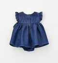 Retro pagliaccetto estivo bimba denim con balza arricciata