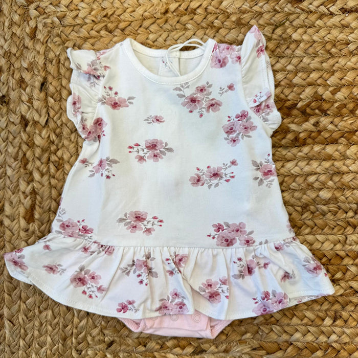 Pagliaccetto neonata 100% cotone con stampa floreale rosa e balza arricciata