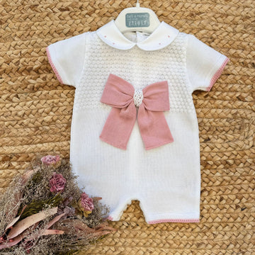 pagliaccetto neonata in cotone filo di scozia con fiocco rosa
