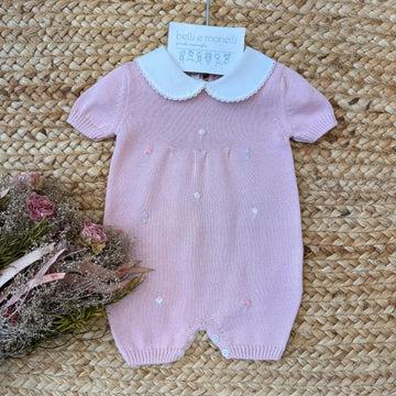 pagliaccetto neonata rosa in filo di cotone con tulipani ricamati