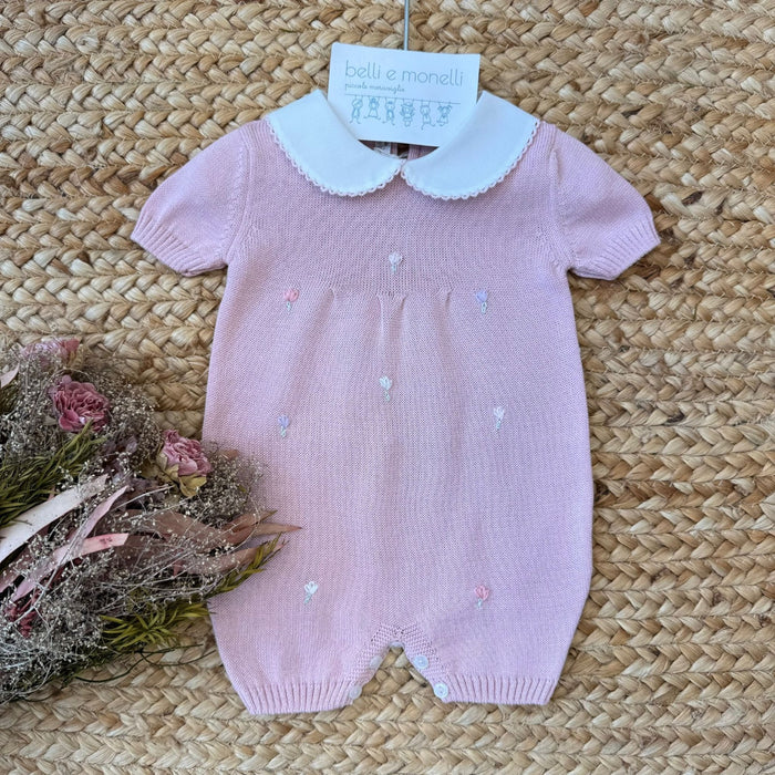 pagliaccetto neonata rosa in filo di cotone con tulipani ricamati