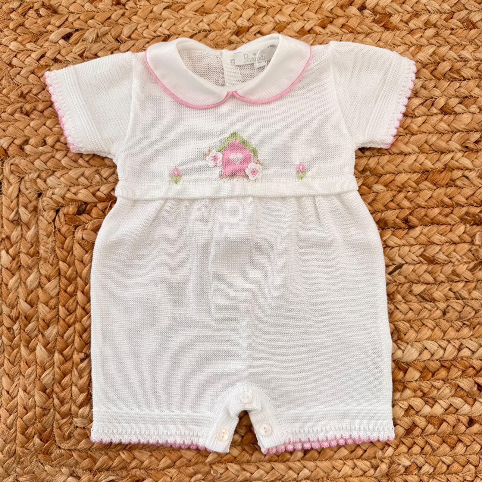 pagliaccetto neonata filo di scozia bianco con ricamo rosa elegante