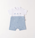 pagliaccetto neonato 100% cotone bianco e azzurro con stampa macchinine