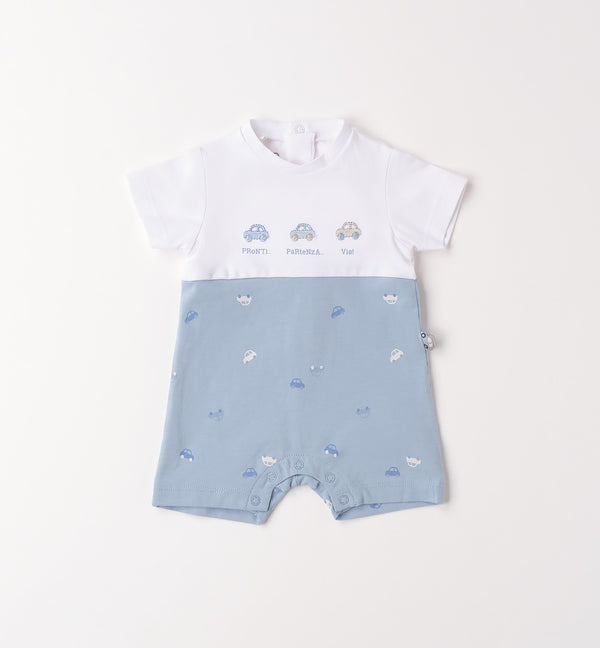 pagliaccetto neonato 100% cotone bianco e azzurro con stampa macchinine