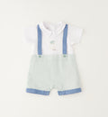 Pagliaccetto neonato in cotone 100% con colletto bianco e fantasia vichy verde acqua vista frontale