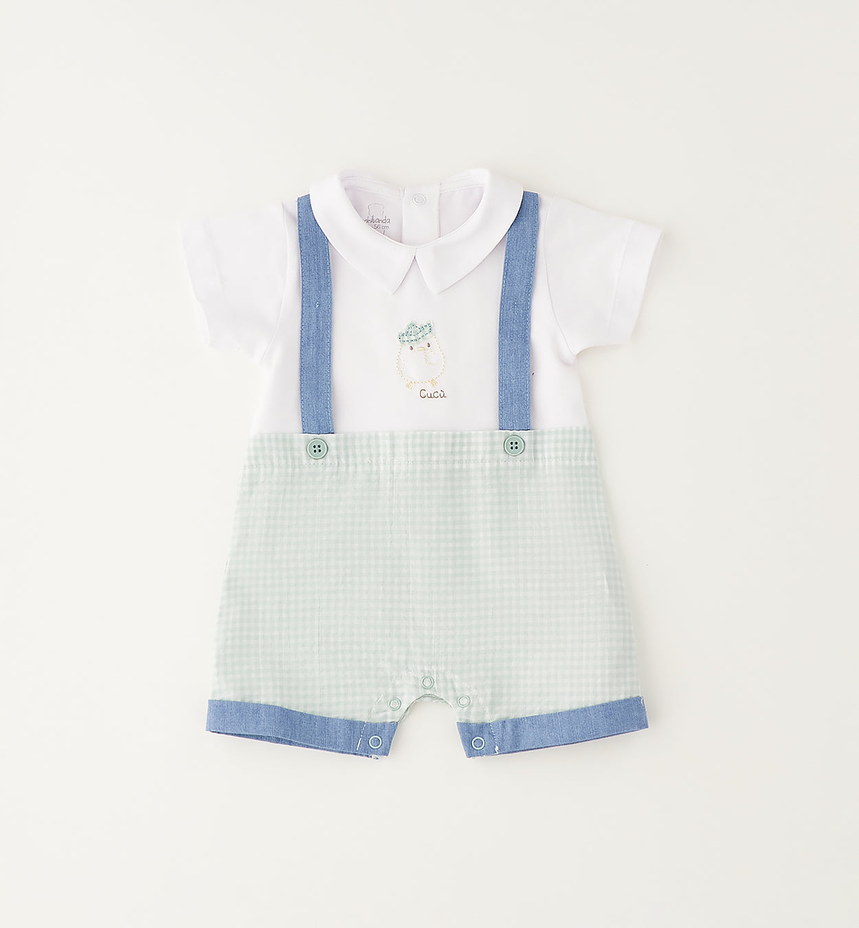 Pagliaccetto neonato in cotone 100% con colletto bianco e fantasia vichy verde acqua vista frontale