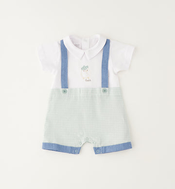 Pagliaccetto neonato in cotone 100% con colletto bianco e fantasia vichy verde acqua vista frontale