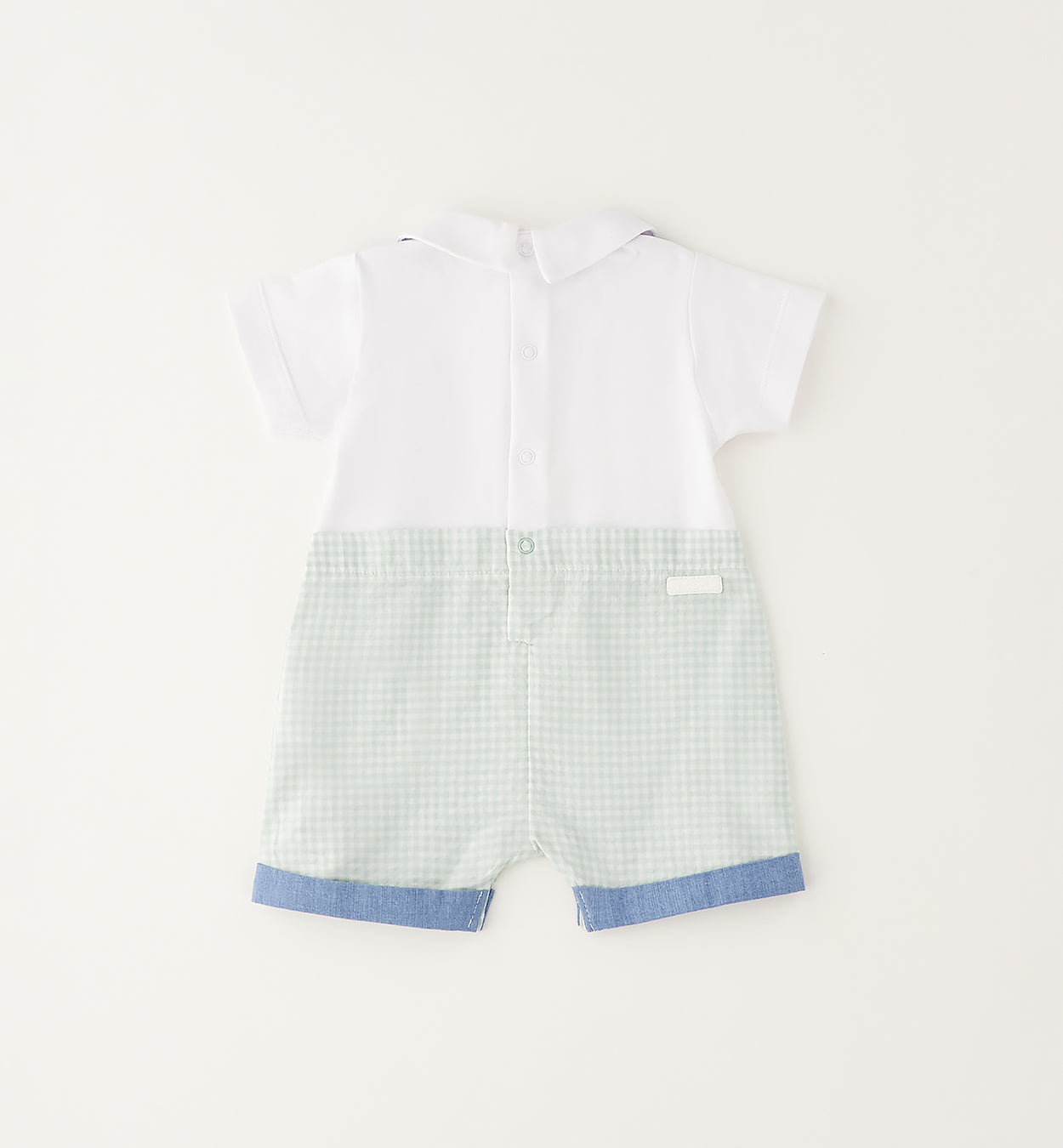 Retro pagliaccetto neonato in cotone con chiusura posteriore e pantaloncino vichy verde acqua