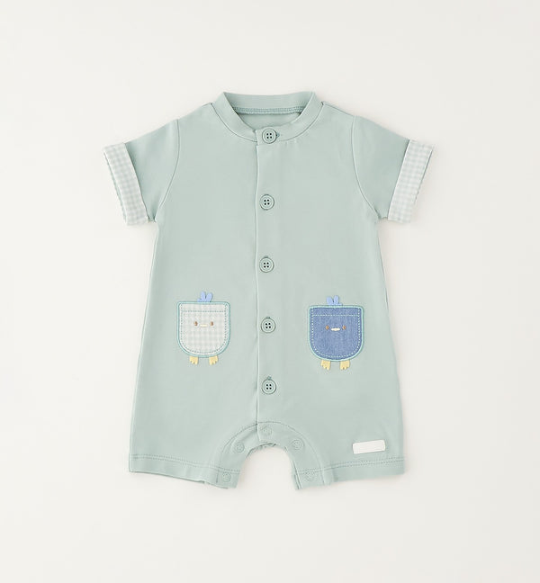 Pagliaccetto neonato 100% cotone verde salvia con applicazioni pulcini