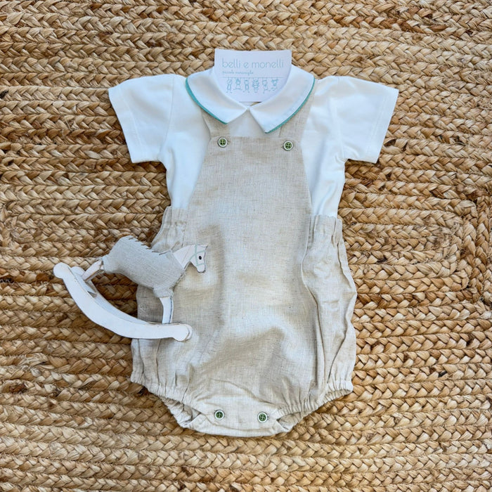 Pagliaccetto neonato con salopette in lino e cotone color naturale e maglia bianca con colletto verde